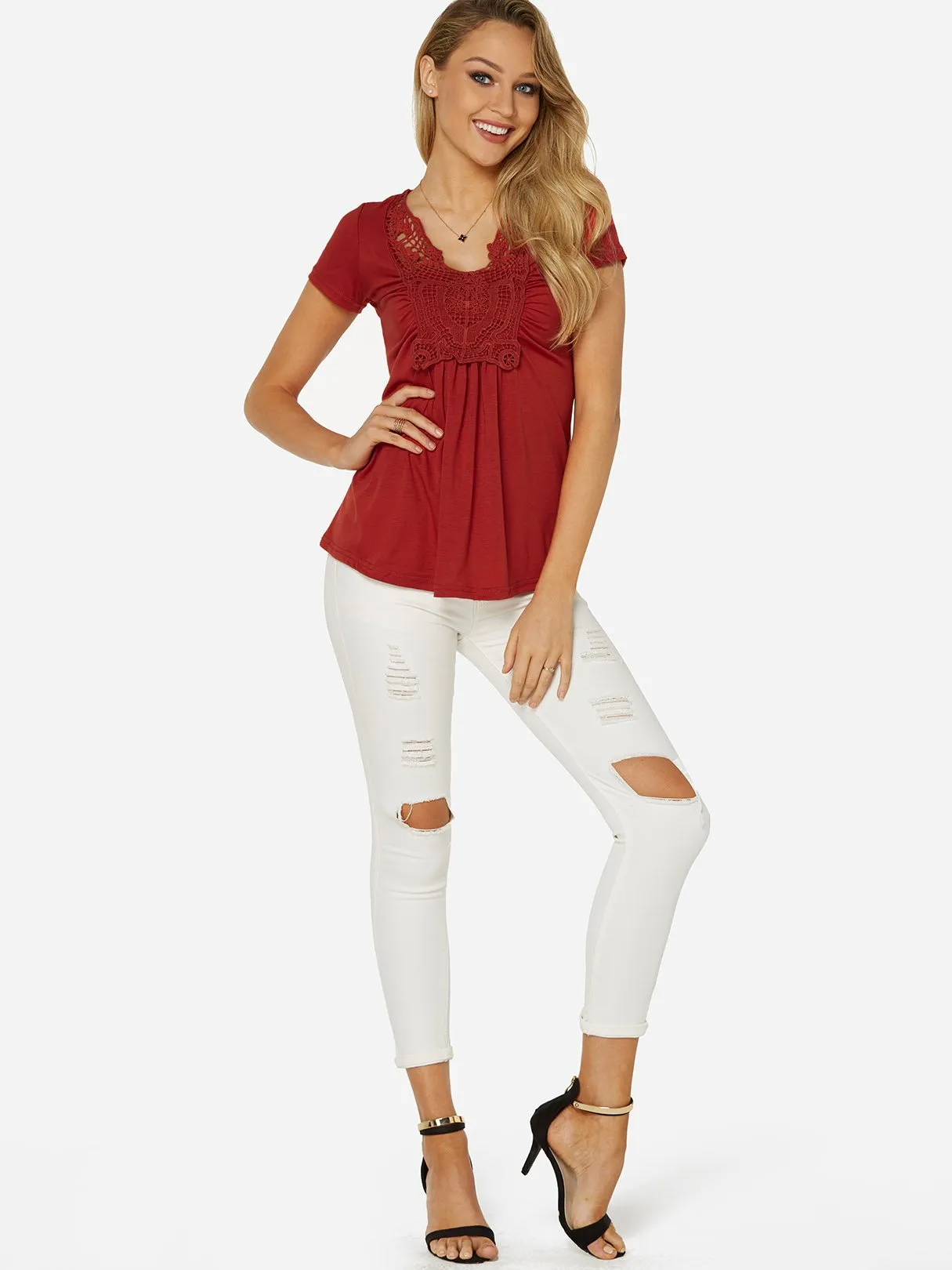 Custom V-Neck Lace Short Sleeve Ruffle Hem T-Shirts