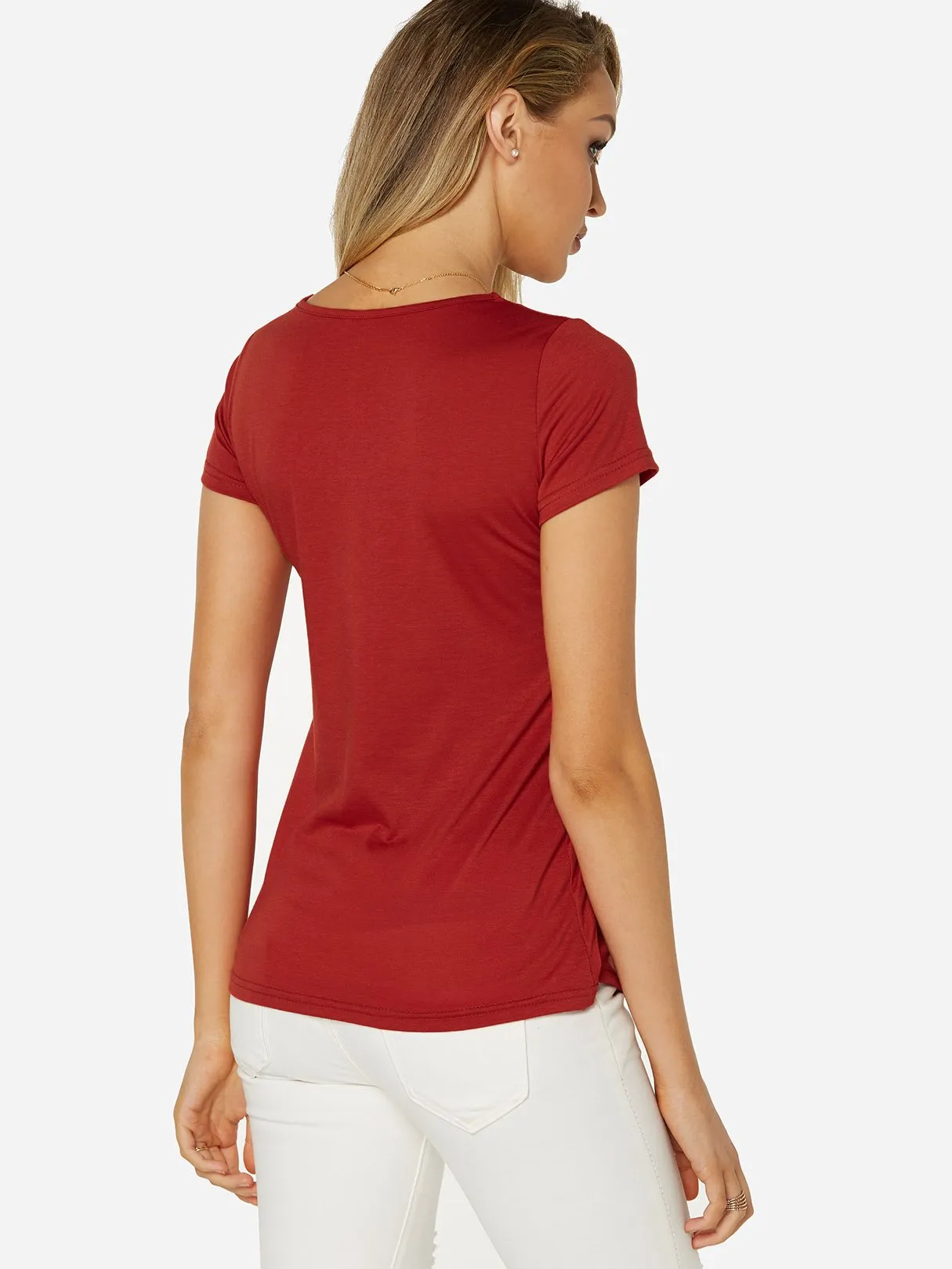 Custom V-Neck Lace Short Sleeve Ruffle Hem T-Shirts