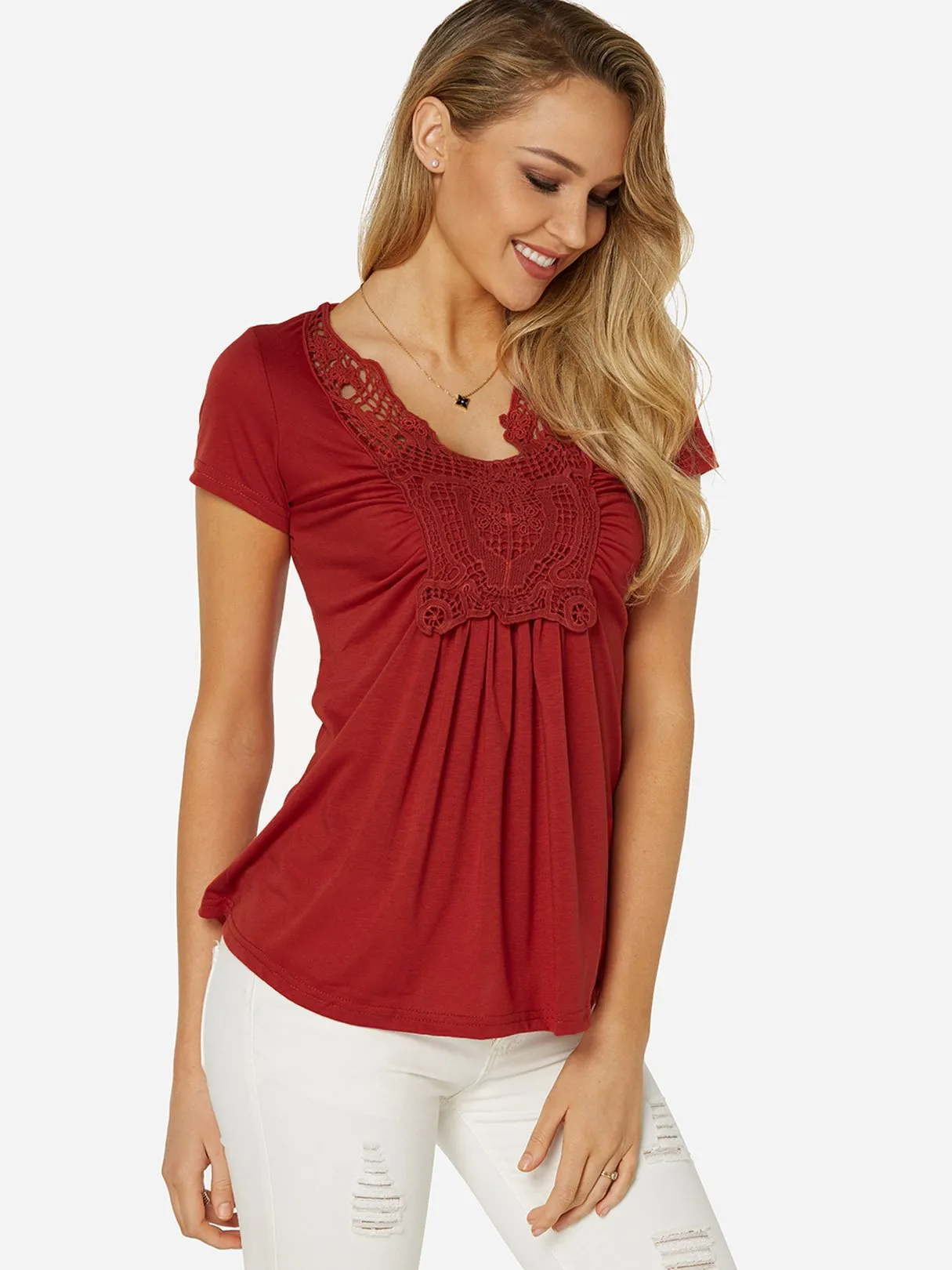 Custom V-Neck Lace Short Sleeve Ruffle Hem T-Shirts