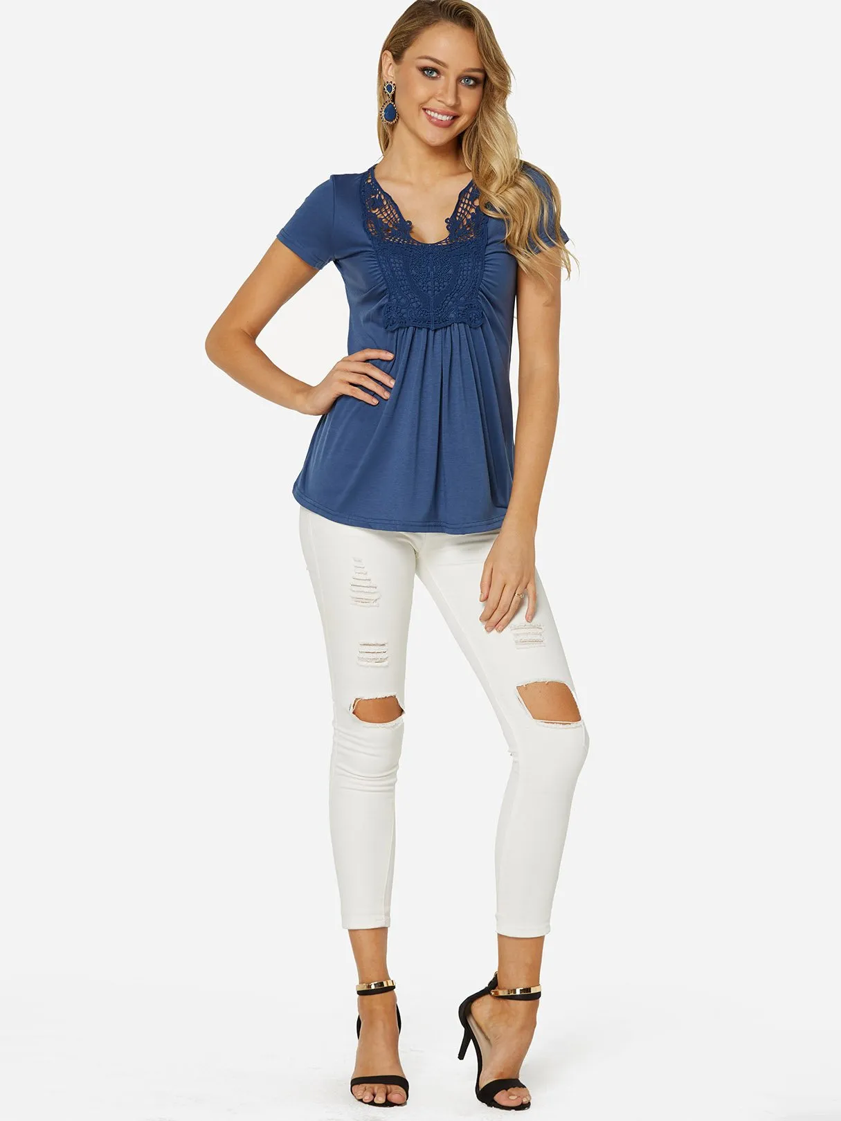 Custom V-Neck Lace Short Sleeve Ruffle Hem T-Shirts