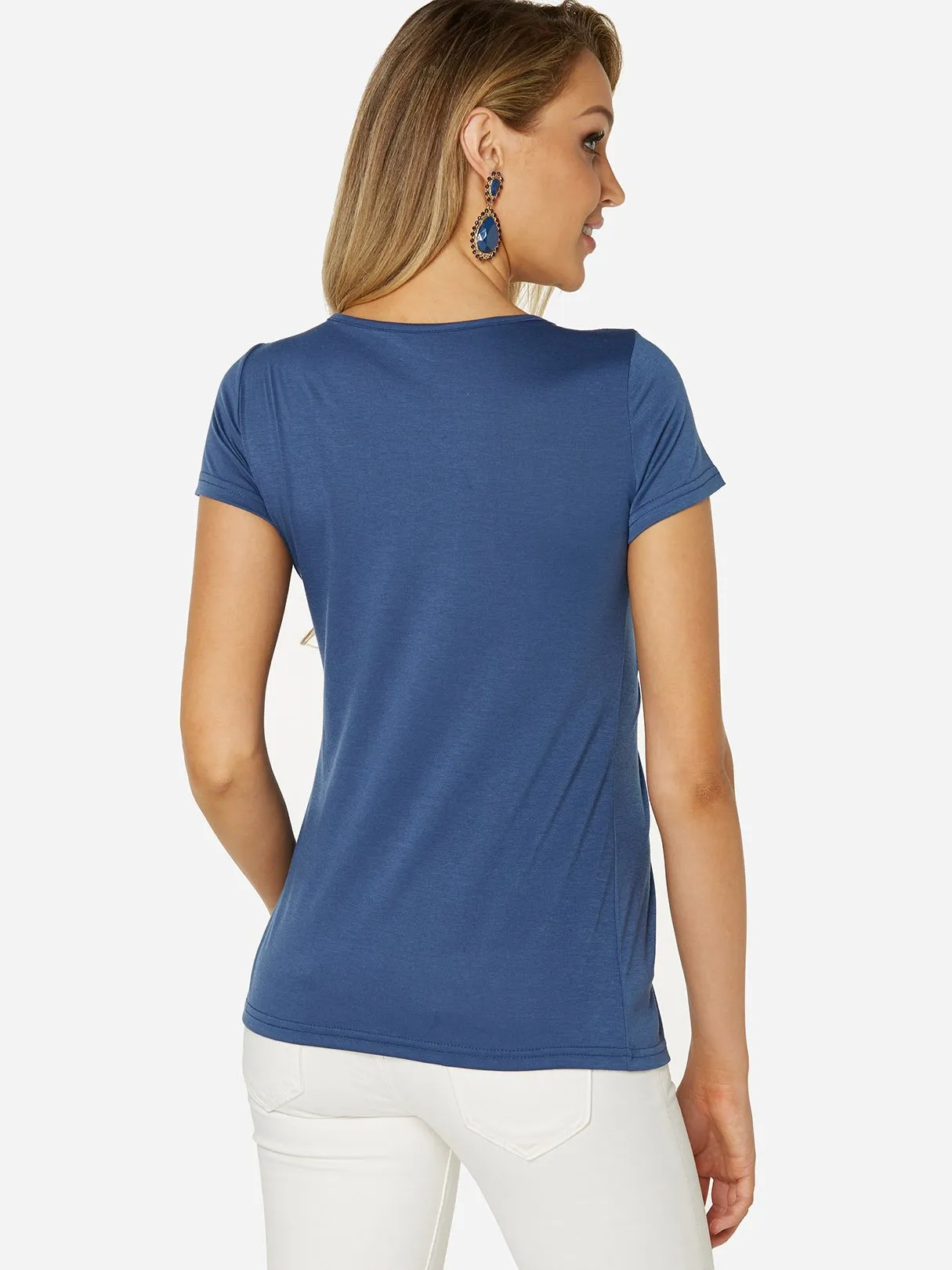Custom V-Neck Lace Short Sleeve Ruffle Hem T-Shirts