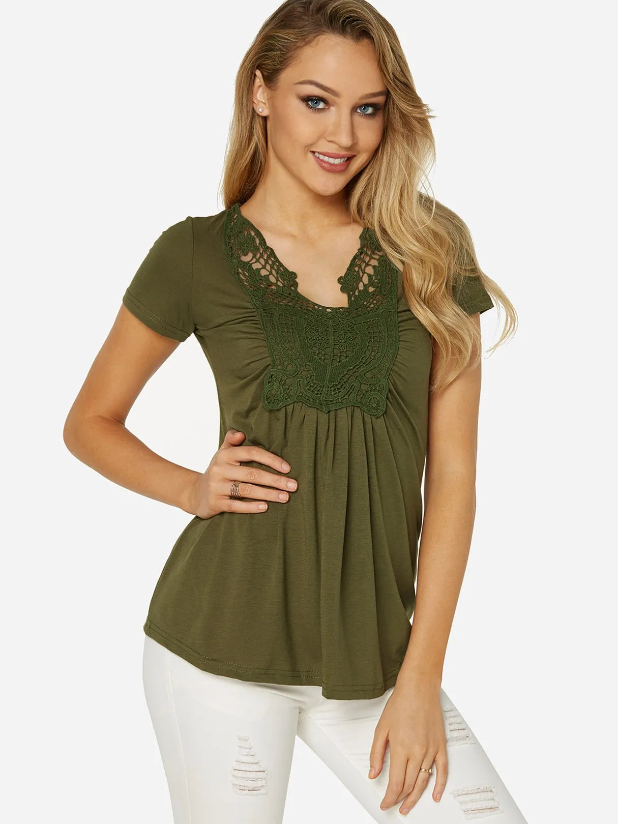 Custom V-Neck Lace Short Sleeve Ruffle Hem T-Shirts