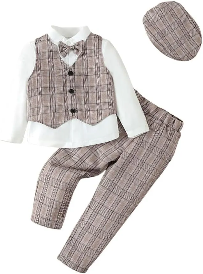 Dressy Daisy Baby Toddler Boys Gentleman Vest Suit Wedding Formal Dress Outfit Set with Hat, Gray Green Blue Brown