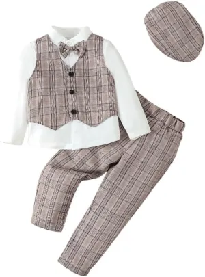 Dressy Daisy Baby Toddler Boys Gentleman Vest Suit Wedding Formal Dress Outfit Set with Hat, Gray Green Blue Brown
