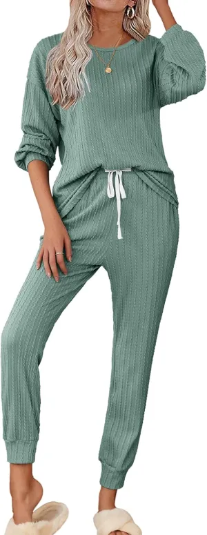 Ekouaer Womens Pajamas Set Ribbed Knit Long Sleeve Pullover Top Jogger Pants Set 2 Piece Lounge Set Sleepwear Tracksuit S-XXL