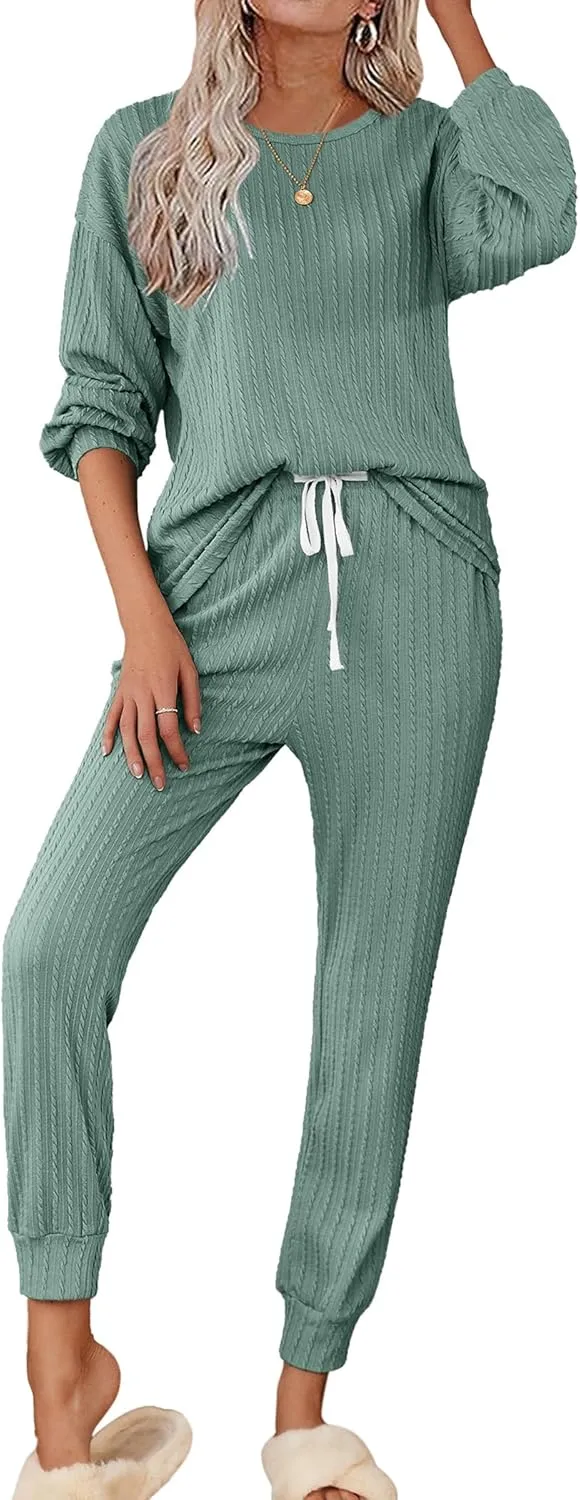 Ekouaer Womens Pajamas Set Ribbed Knit Long Sleeve Pullover Top Jogger Pants Set 2 Piece Lounge Set Sleepwear Tracksuit S-XXL