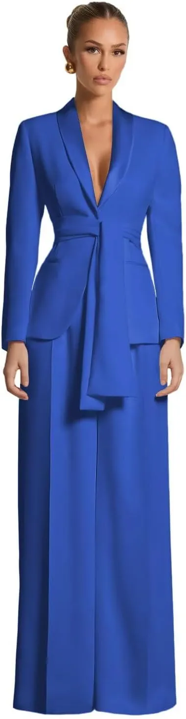 Elegant Pant Suits for Women Dressy 2 Piece Womens Suit with Belt Casual Shawl Collar Prom Tuxedo for Wedding Guest