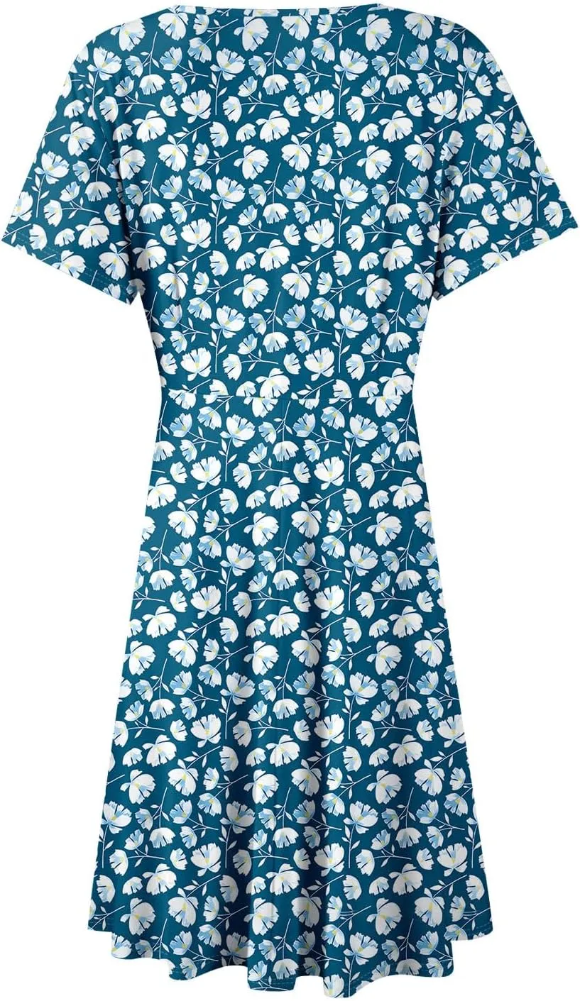 Floral Dress for Women Casual Summer V Neck Short Sleeve Knee Length Wrap Dress Cute Sundresses for Beach Vacation