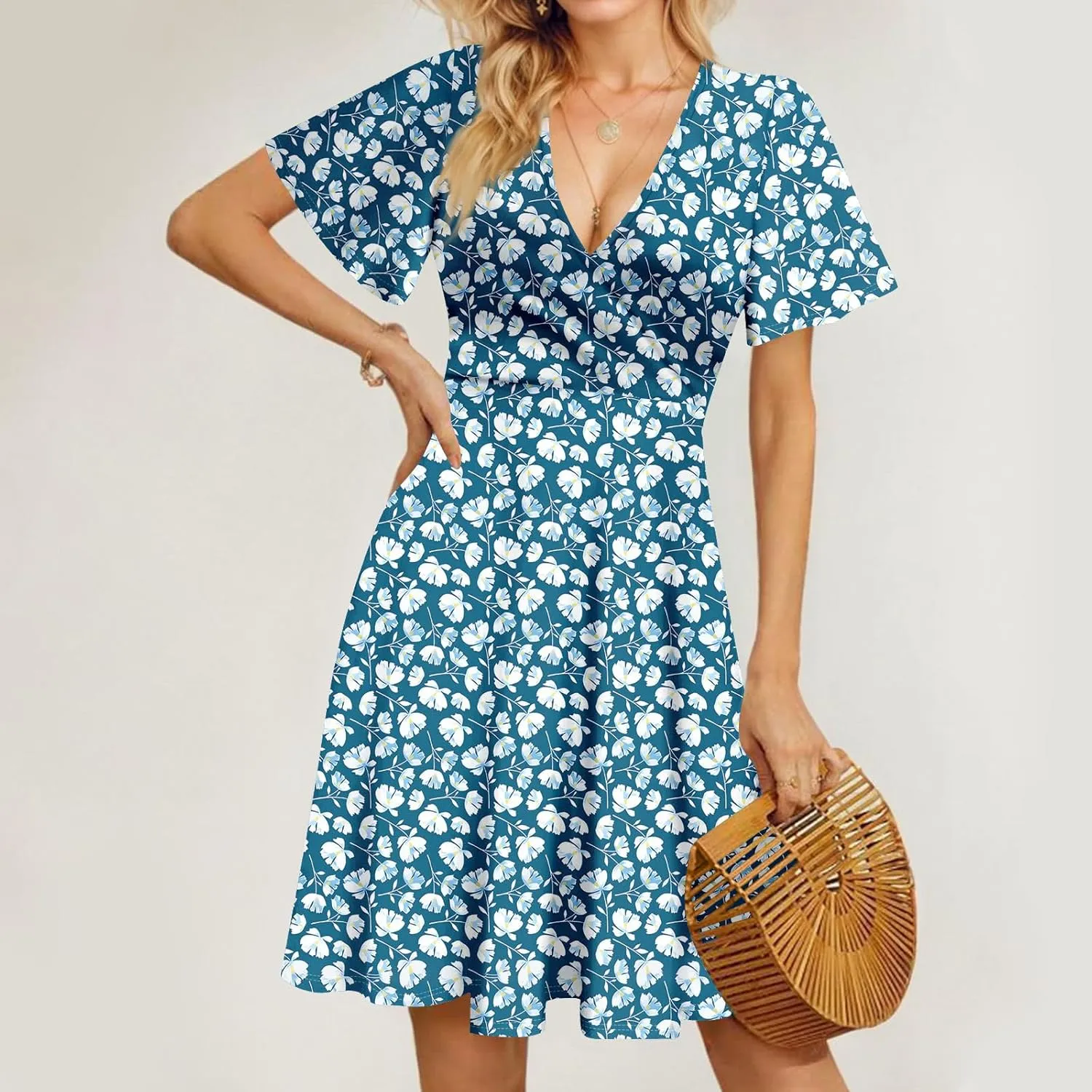 Floral Dress for Women Casual Summer V Neck Short Sleeve Knee Length Wrap Dress Cute Sundresses for Beach Vacation