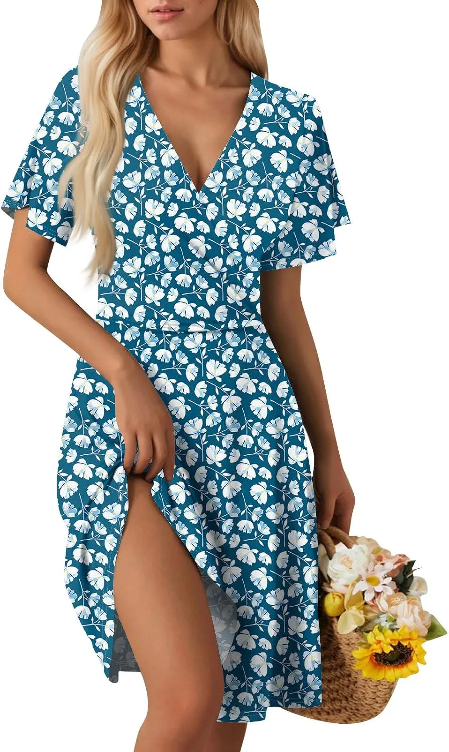 Floral Dress for Women Casual Summer V Neck Short Sleeve Knee Length Wrap Dress Cute Sundresses for Beach Vacation