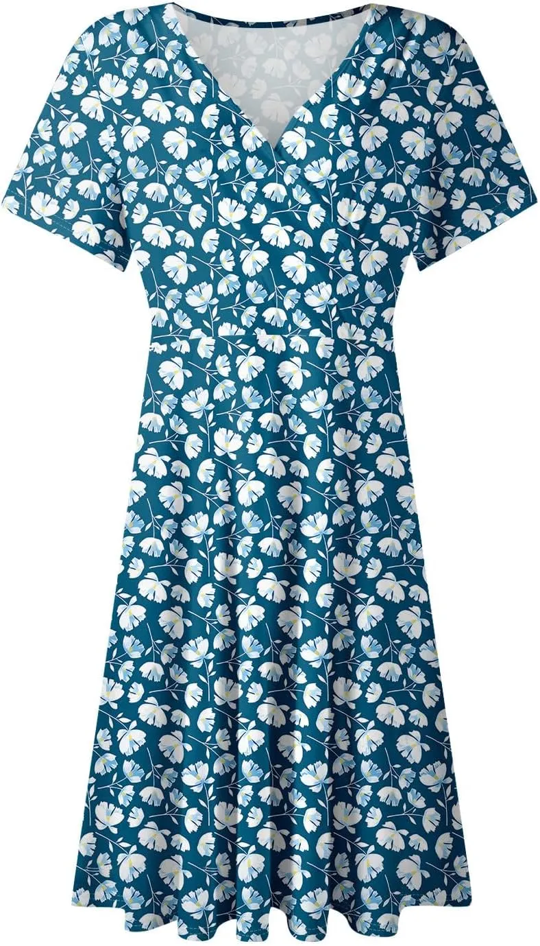 Floral Dress for Women Casual Summer V Neck Short Sleeve Knee Length Wrap Dress Cute Sundresses for Beach Vacation