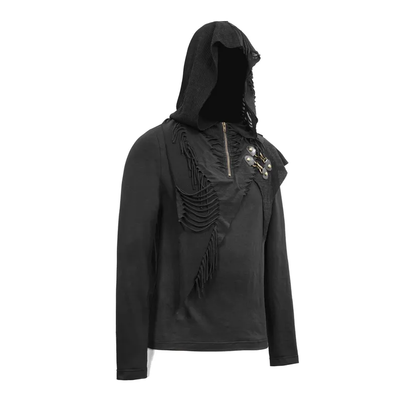 Gothic Punk Style Long Sleeves Hoodie / Black Zipper Cutout Top / Alternative Fashion