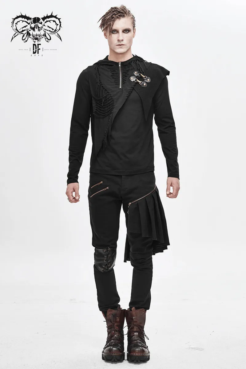 Gothic Punk Style Long Sleeves Hoodie / Black Zipper Cutout Top / Alternative Fashion