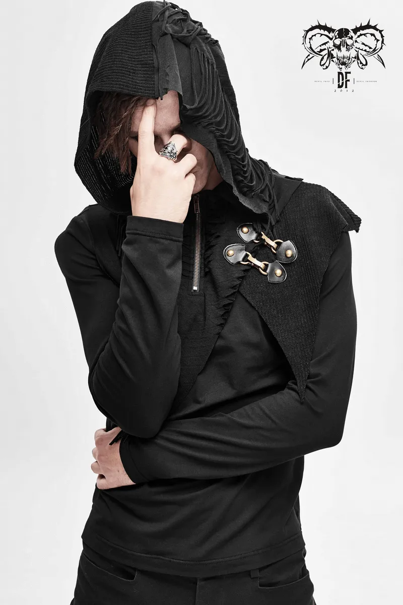 Gothic Punk Style Long Sleeves Hoodie / Black Zipper Cutout Top / Alternative Fashion