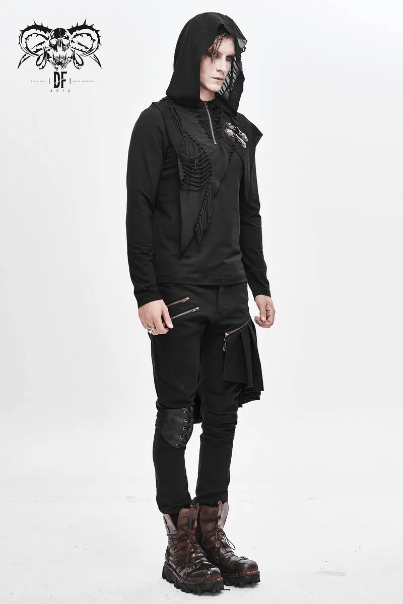 Gothic Punk Style Long Sleeves Hoodie / Black Zipper Cutout Top / Alternative Fashion