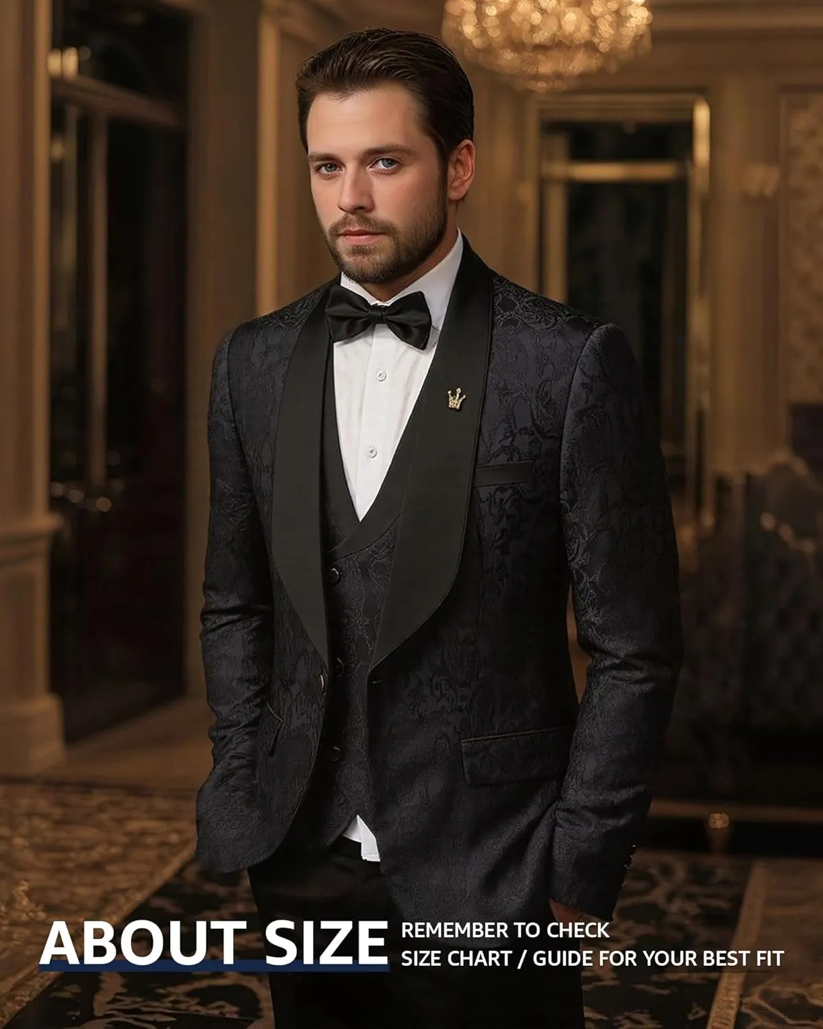 Hihawk Mens 3 Piece Floral Tuxedo, Jacquard Slim Suit Set, Paisley Blazer Vest and Pants with Bow Tie for Prom Wedding
