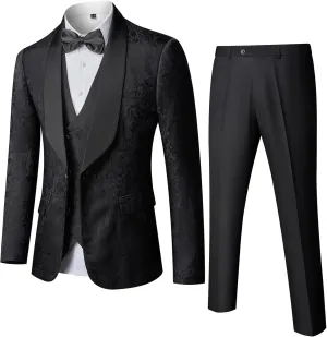 Hihawk Mens 3 Piece Floral Tuxedo, Jacquard Slim Suit Set, Paisley Blazer Vest and Pants with Bow Tie for Prom Wedding