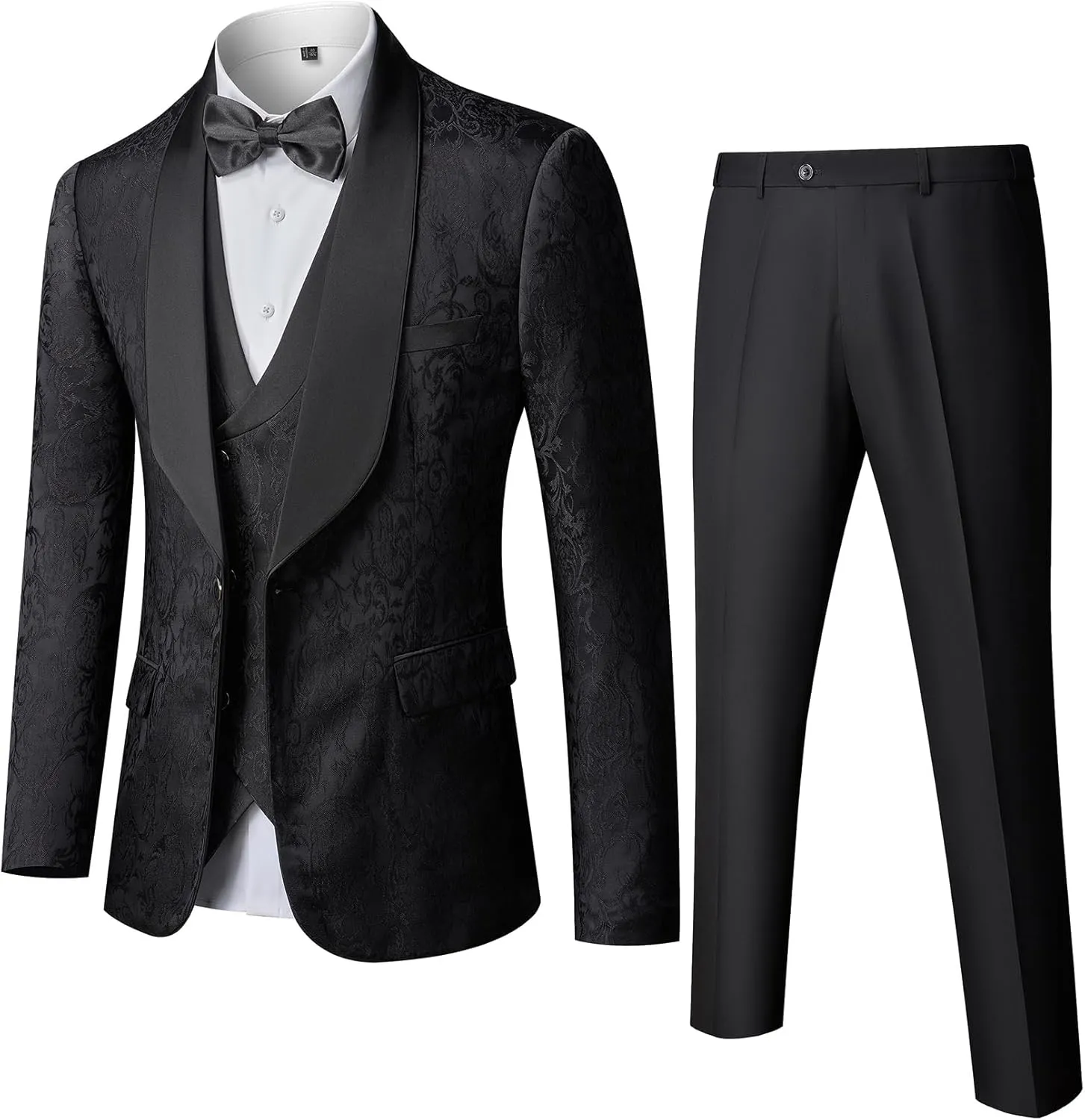Hihawk Mens 3 Piece Floral Tuxedo, Jacquard Slim Suit Set, Paisley Blazer Vest and Pants with Bow Tie for Prom Wedding