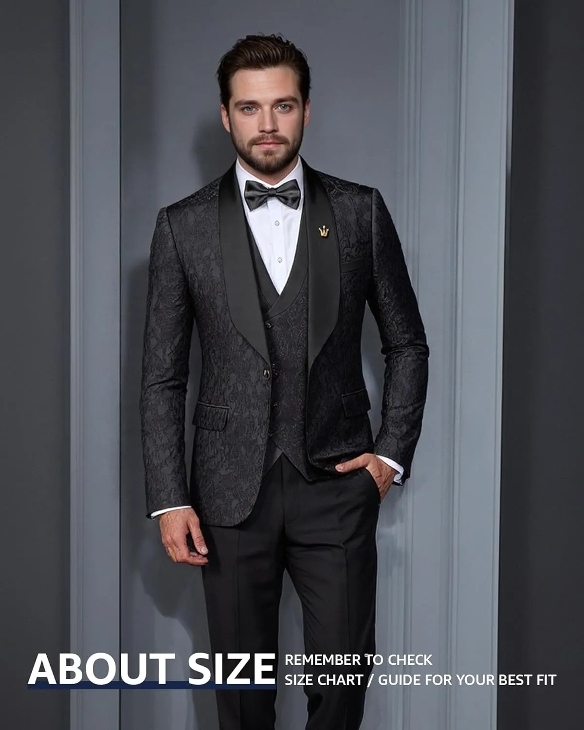 Hihawk Mens 3 Piece Floral Tuxedo, Jacquard Slim Suit Set, Paisley Blazer Vest and Pants with Bow Tie for Prom Wedding