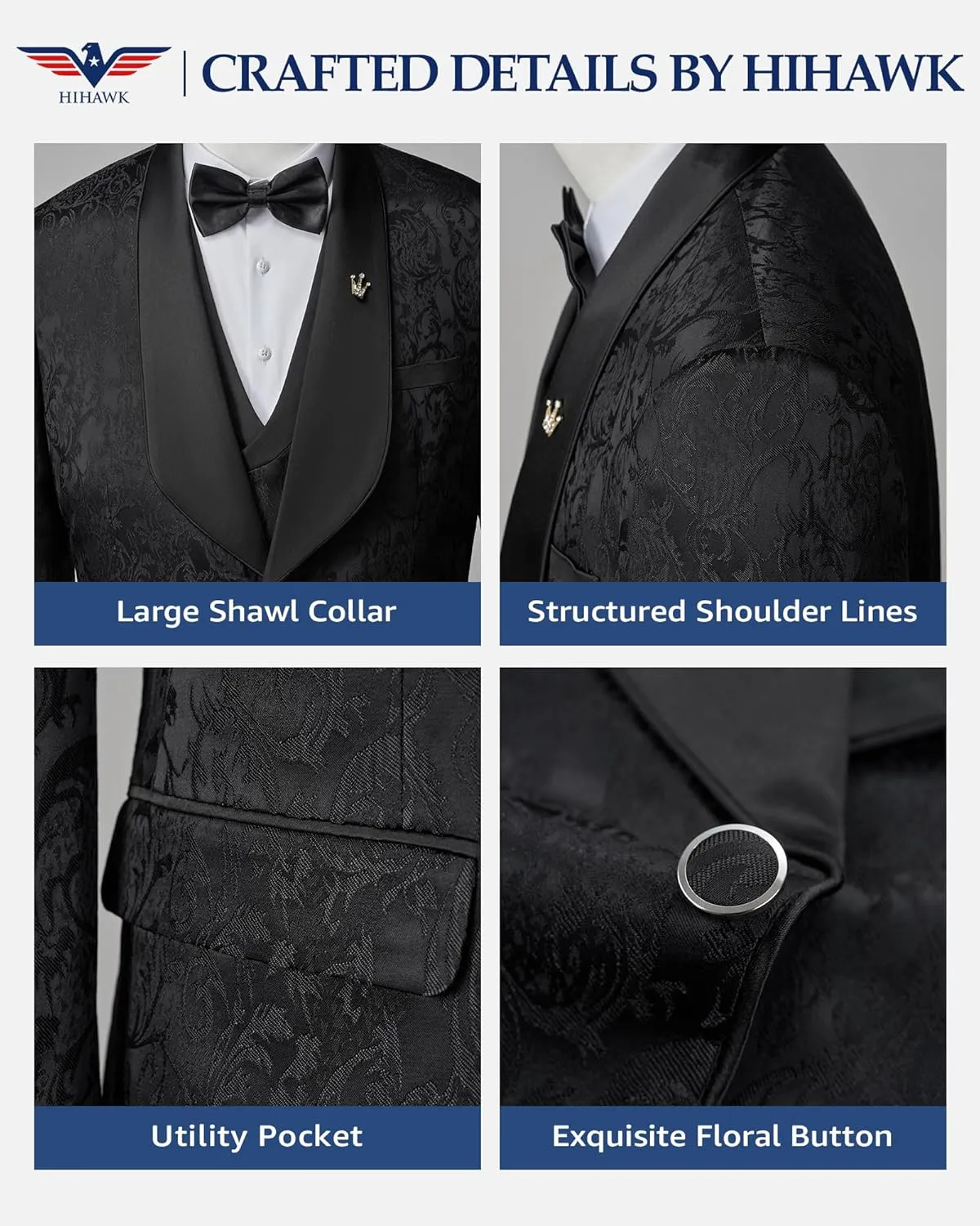 Hihawk Mens 3 Piece Floral Tuxedo, Jacquard Slim Suit Set, Paisley Blazer Vest and Pants with Bow Tie for Prom Wedding