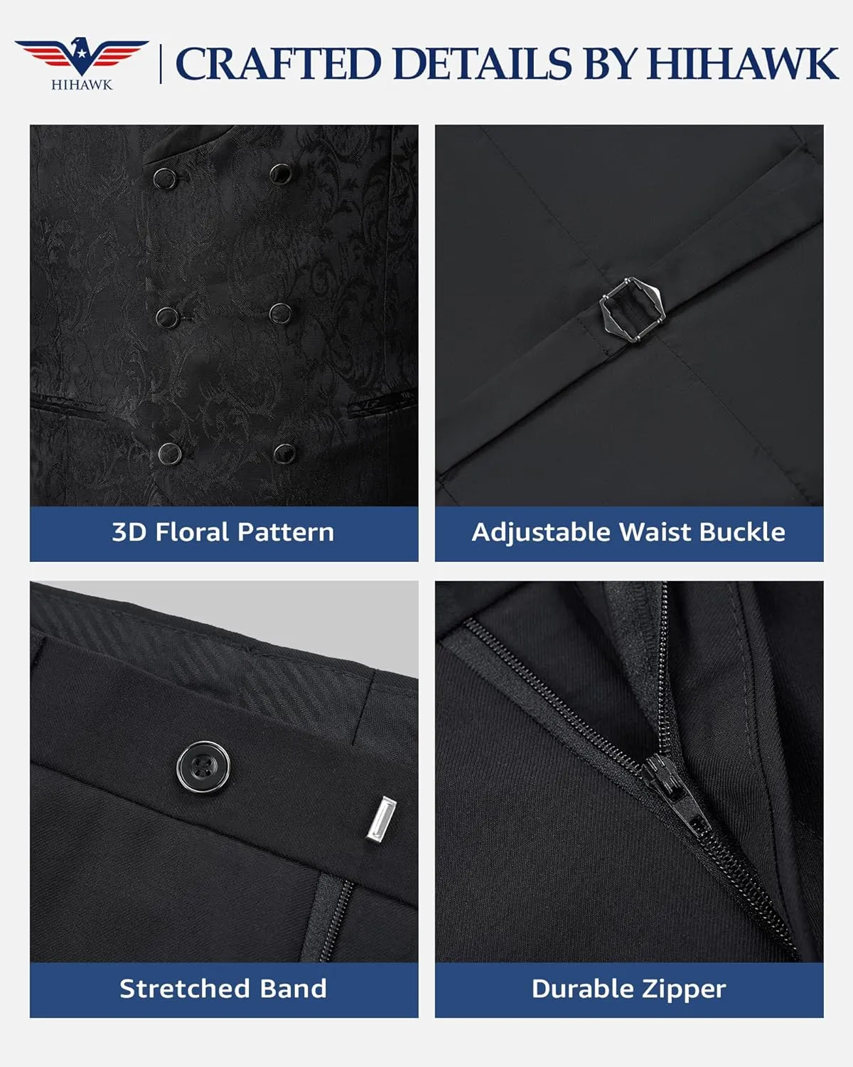 Hihawk Mens 3 Piece Floral Tuxedo, Jacquard Slim Suit Set, Paisley Blazer Vest and Pants with Bow Tie for Prom Wedding