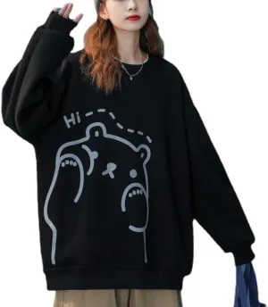 Kawaii Bear Print Oversized Sweatshirt for Women Cute Long Sleeve Vintage Crewneck Sweatshirts Pullover Y2K Sweater