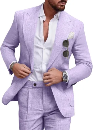 Linen Men Suit Set Casual Tuxedo 2 Piece Regular Fit Blazer One Button Solid Jacket and Pants for Prom Wedding Party