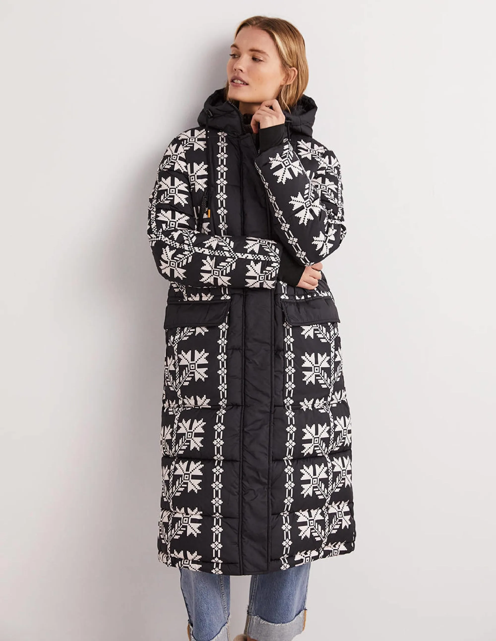 Longline Printed Puffer Coat-Black, Aztec Bloom