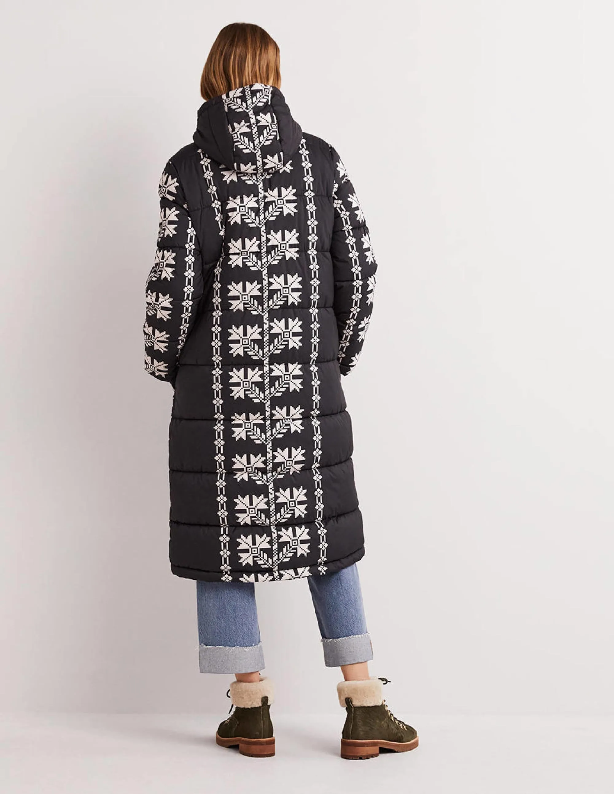 Longline Printed Puffer Coat-Black, Aztec Bloom