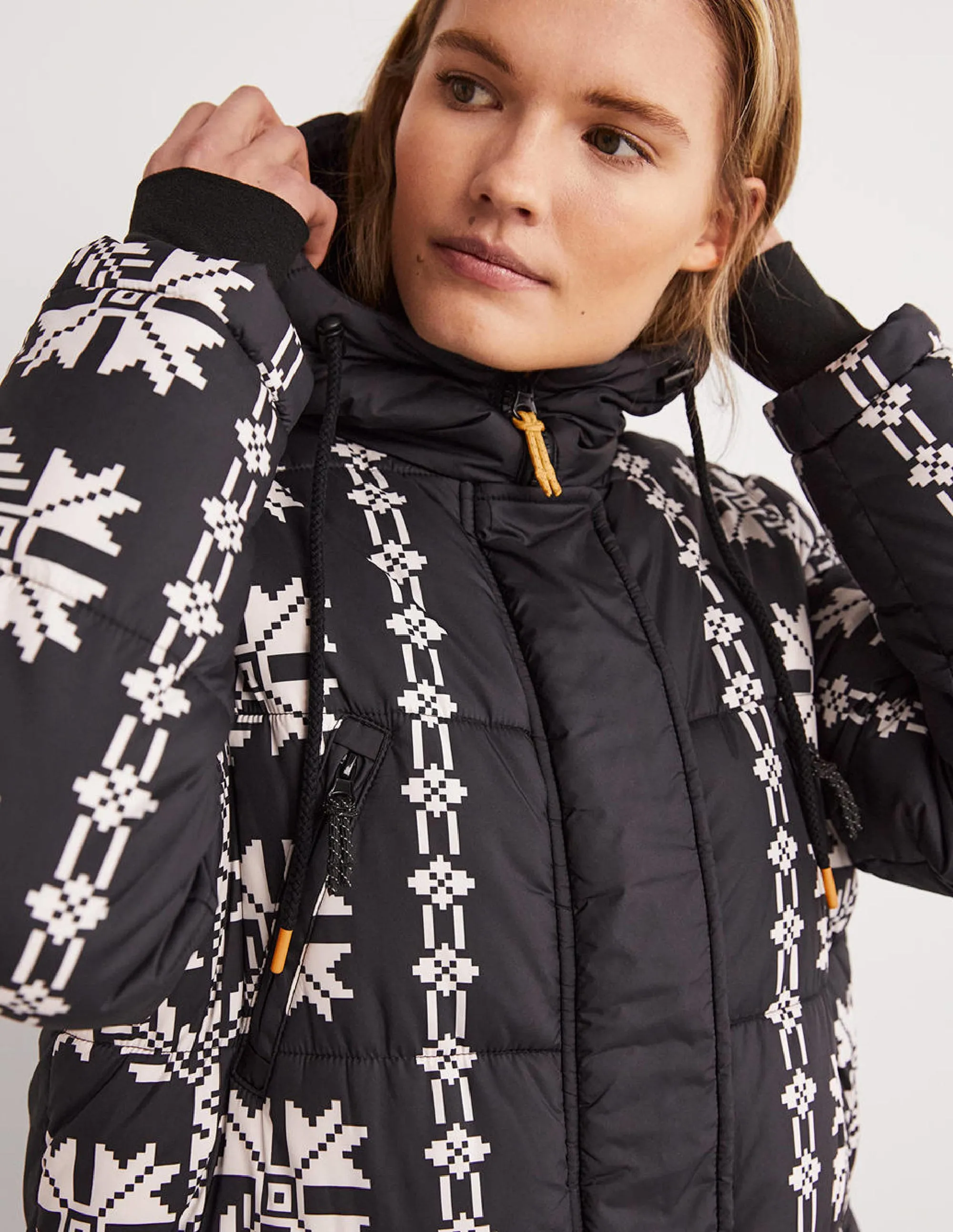 Longline Printed Puffer Coat-Black, Aztec Bloom