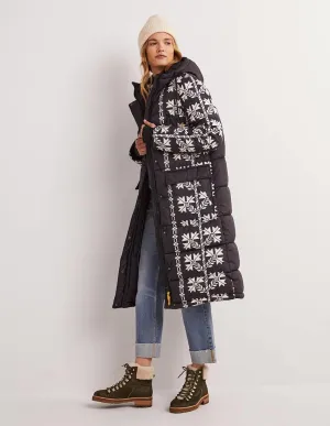 Longline Printed Puffer Coat-Black, Aztec Bloom