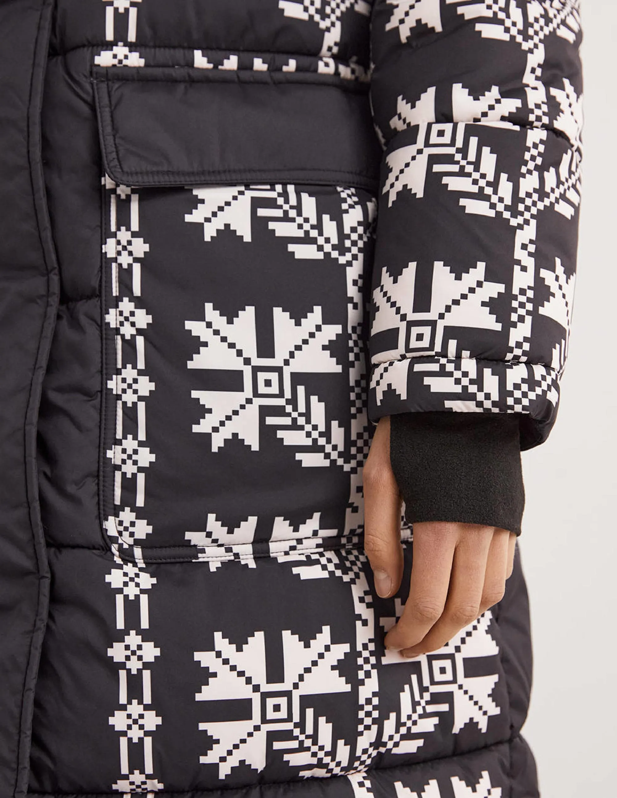 Longline Printed Puffer Coat-Black, Aztec Bloom