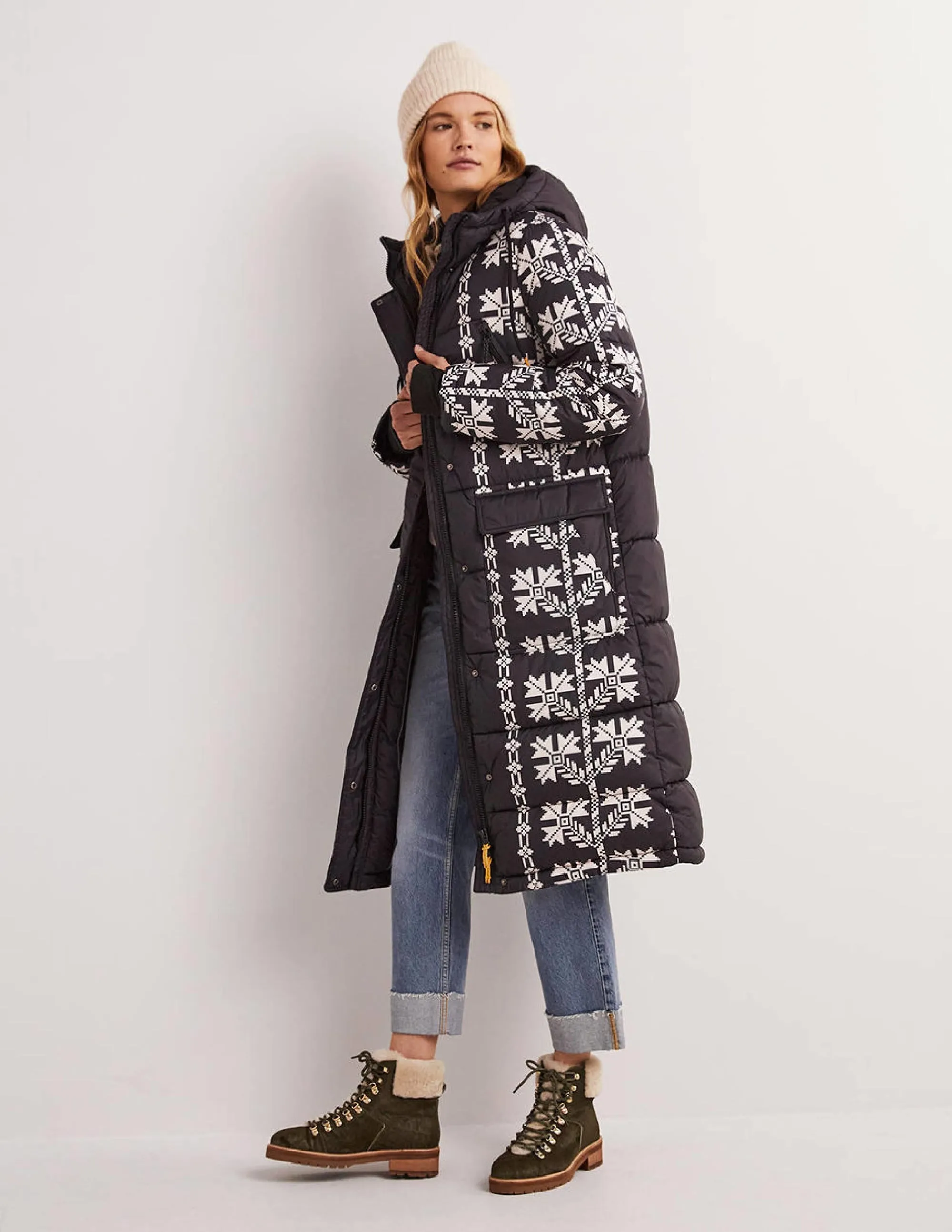 Longline Printed Puffer Coat-Black, Aztec Bloom