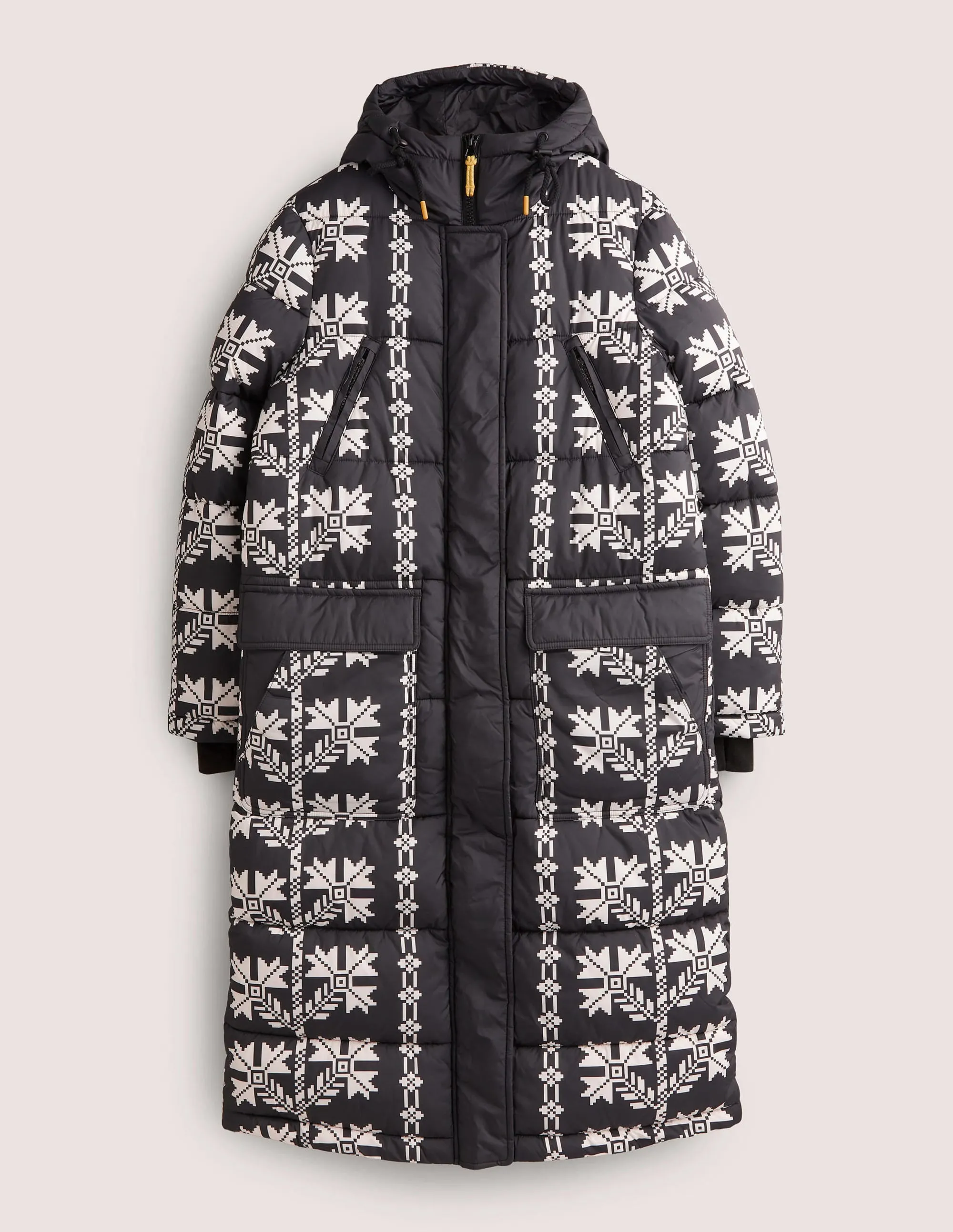 Longline Printed Puffer Coat-Black, Aztec Bloom