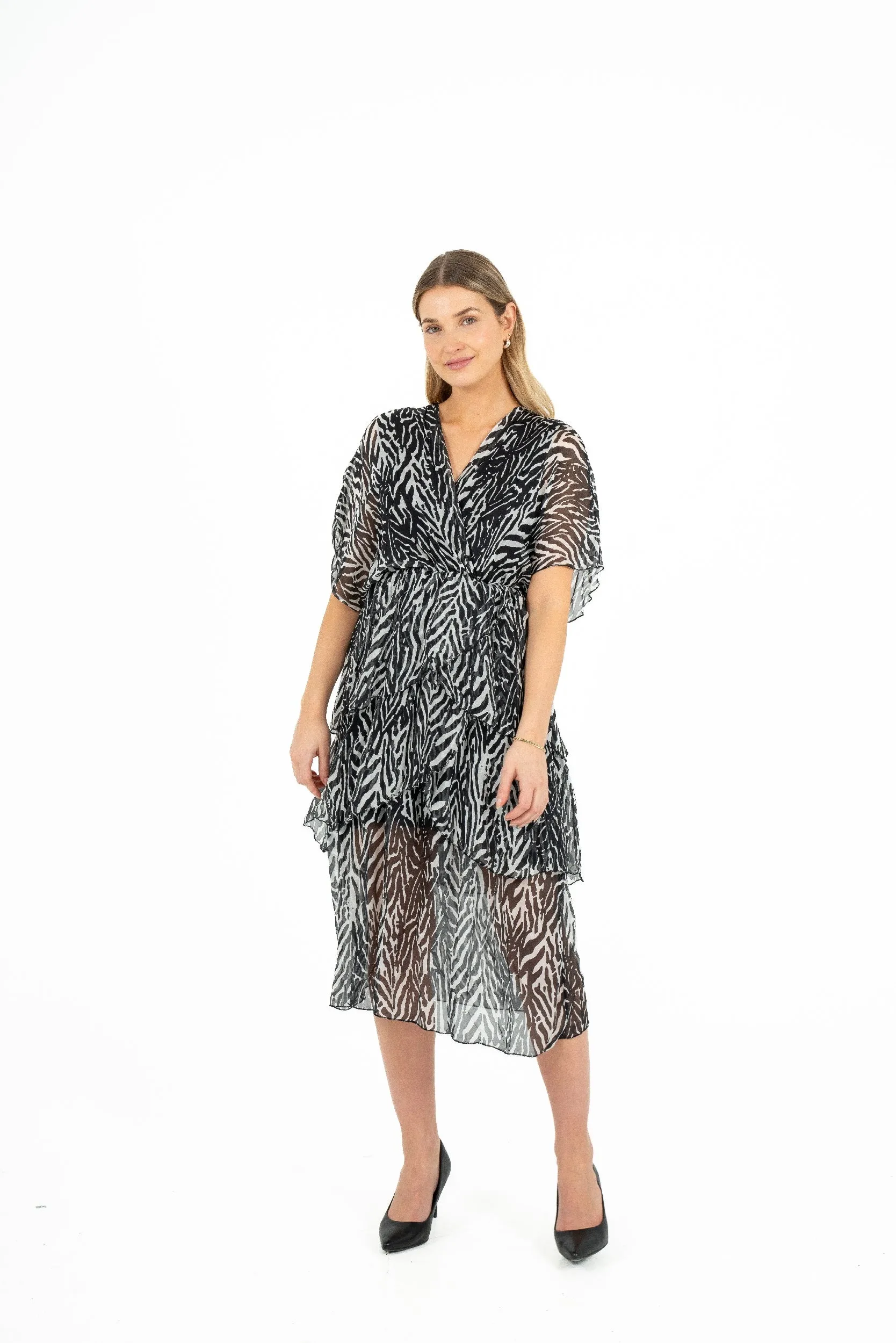 M Made in Italy – Printed V-Neck Dress With Flowing Cap-Sleeves