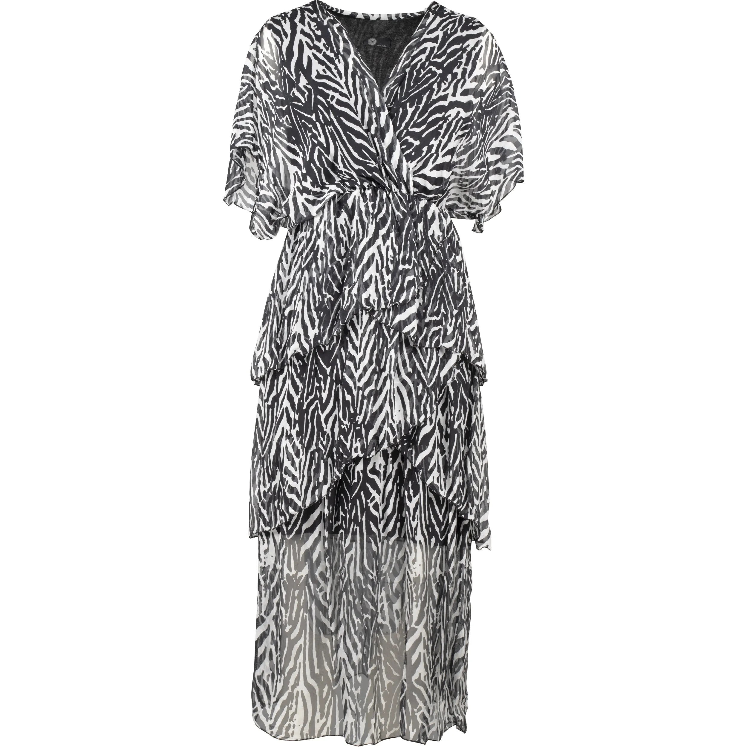 M Made in Italy – Printed V-Neck Dress With Flowing Cap-Sleeves
