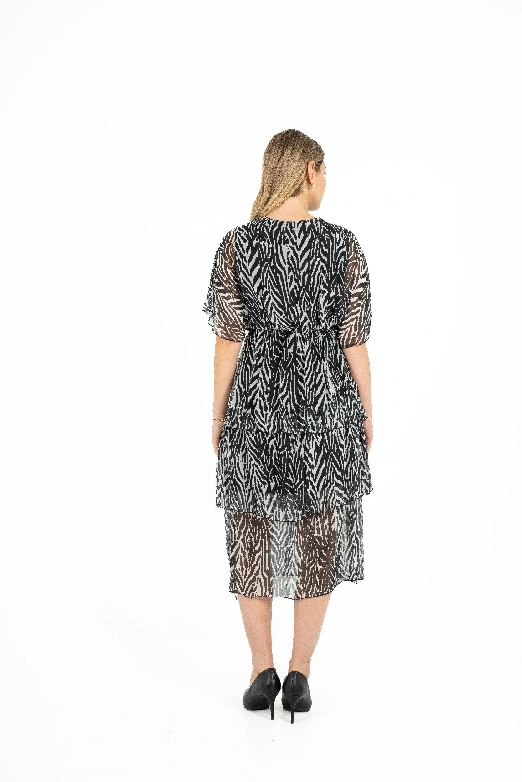 M Made in Italy – Printed V-Neck Dress With Flowing Cap-Sleeves
