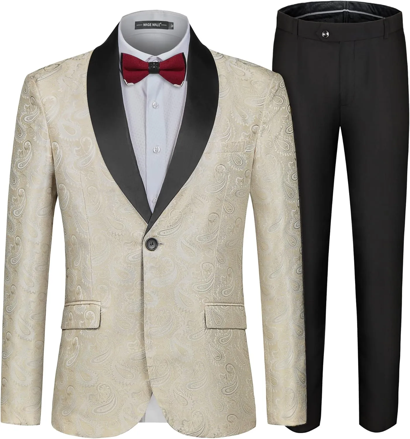 MAGE MALE Men's 2 Piece Slim Fit Floral Tuxedo Suit Paisley Peak Lapel One Button Single Breasted Suit Jacket Pants Set