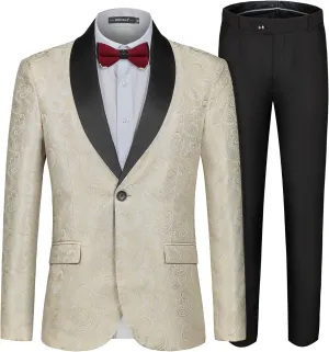 MAGE MALE Men's 2 Piece Slim Fit Floral Tuxedo Suit Paisley Peak Lapel One Button Single Breasted Suit Jacket Pants Set