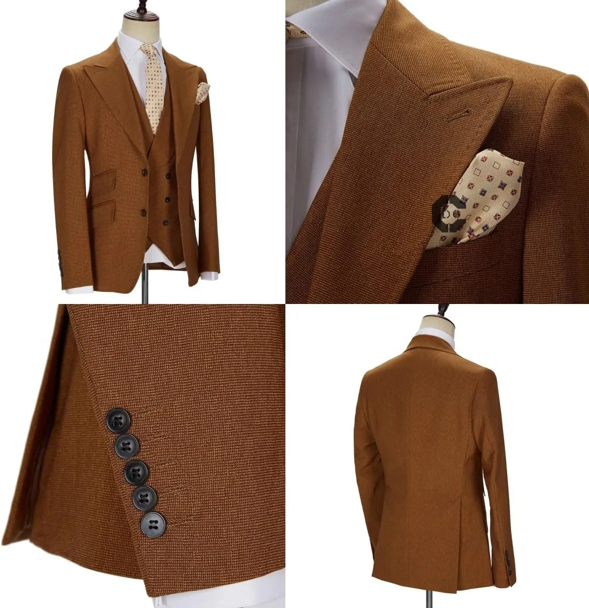 Mens 3 Piece Suit Solid Two Button Slim Fit Peak Lapel Tuxedo Set for Wedding Business Party Blazer Vest Pants Set