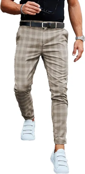Mens Stretch Slim Fit Plaid Dress Pants with Pockets Checks Pattern Chino Trousers Fashion Casual Elasticity Button Pant (Khaki,3X-Large)