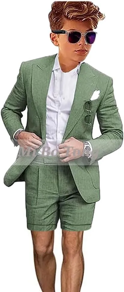 Mi Bo Tong Boys Linen Summer Suit 2 PC Blazer and Shorts Set Beach Wedding Tuxedos for Kids Boys Ring Bearer Outfit