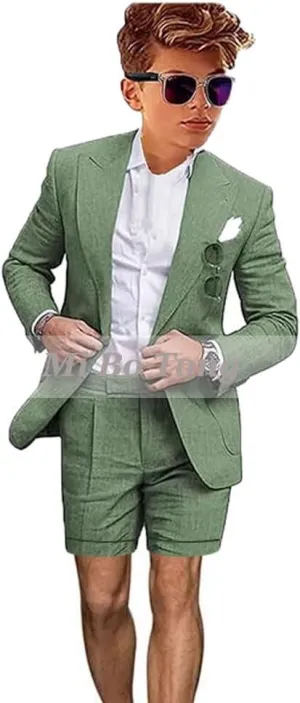 Mi Bo Tong Boys Linen Summer Suit 2 PC Blazer and Shorts Set Beach Wedding Tuxedos for Kids Boys Ring Bearer Outfit