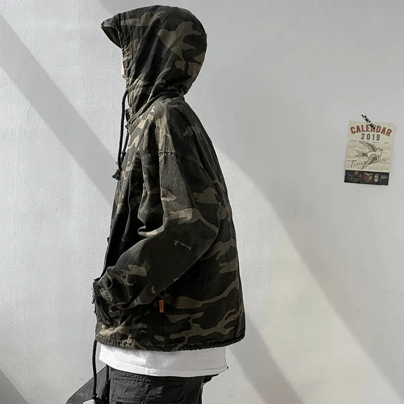 Military Zipper Camouflage Hoodie for Men / Tactical Loose Male Clothes with Pockets