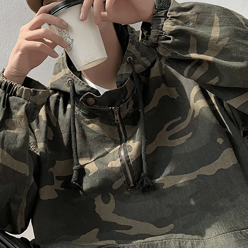 Military Zipper Camouflage Hoodie for Men / Tactical Loose Male Clothes with Pockets