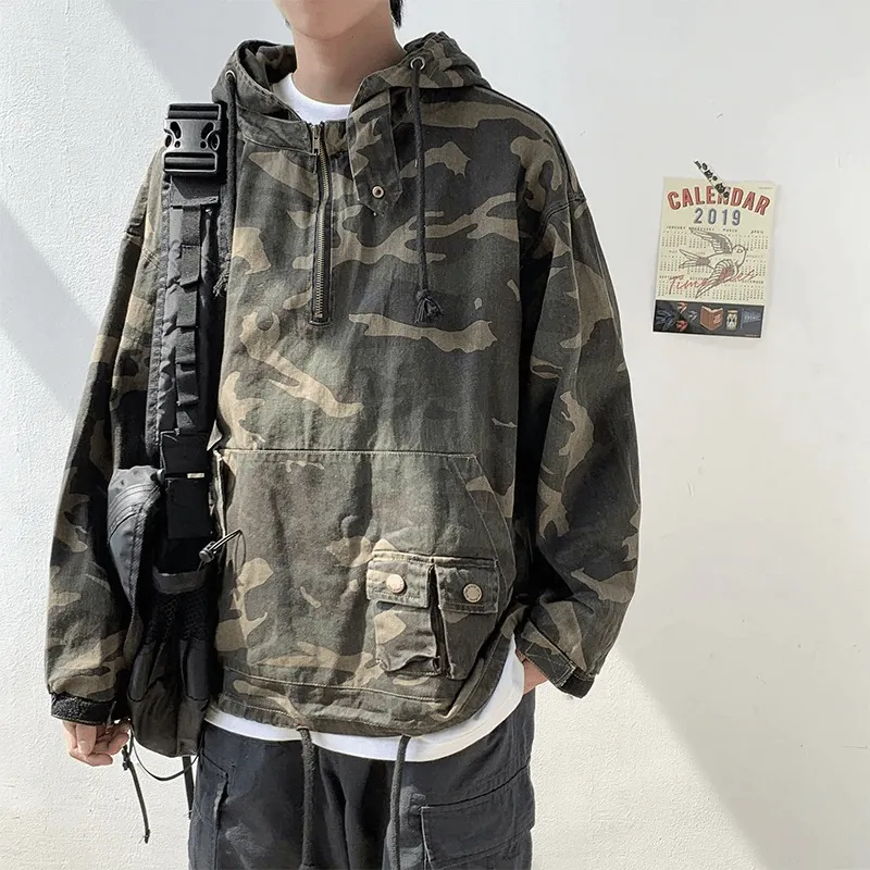 Military Zipper Camouflage Hoodie for Men / Tactical Loose Male Clothes with Pockets