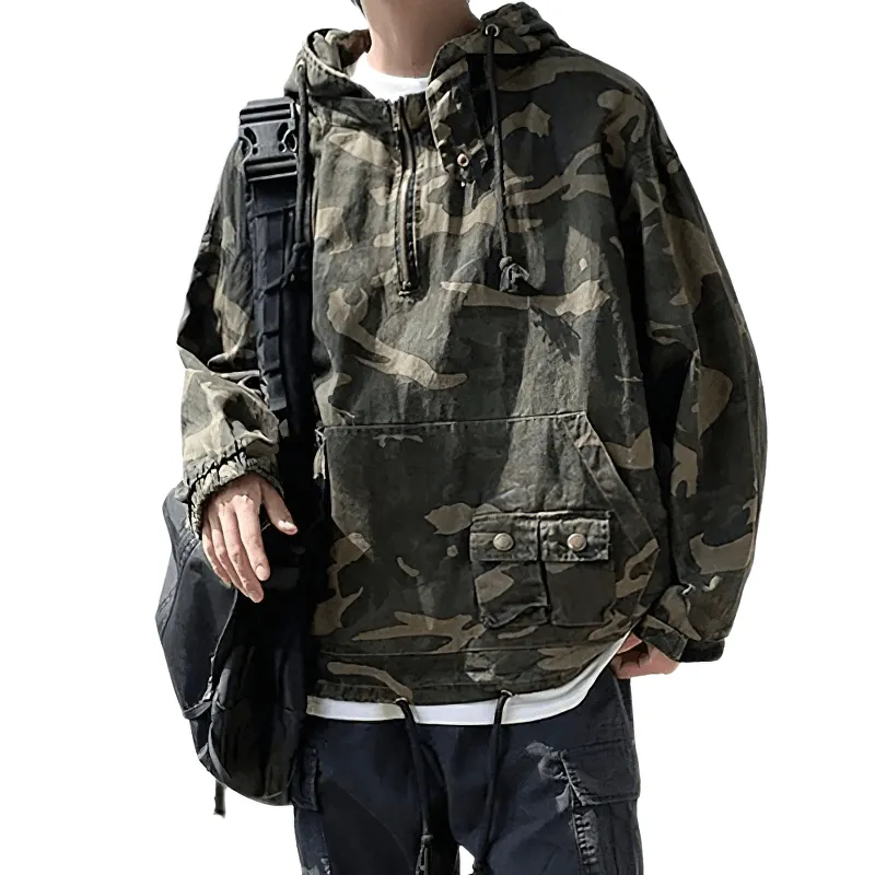 Military Zipper Camouflage Hoodie for Men / Tactical Loose Male Clothes with Pockets