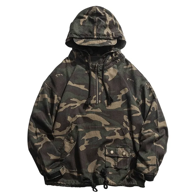 Military Zipper Camouflage Hoodie for Men / Tactical Loose Male Clothes with Pockets