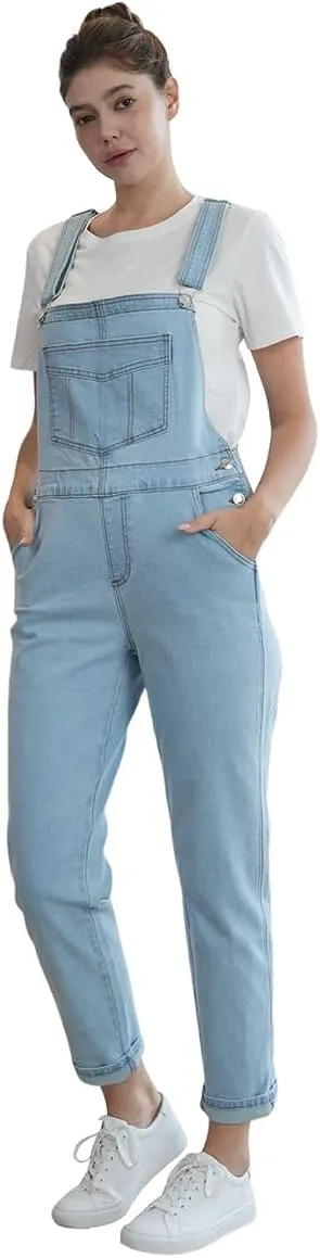 MONTVOO Women's Overalls Jeans Loose Fit Bib Denim Jumpsuit Casual Buckles Adjustable Straps Blue Classic Overall