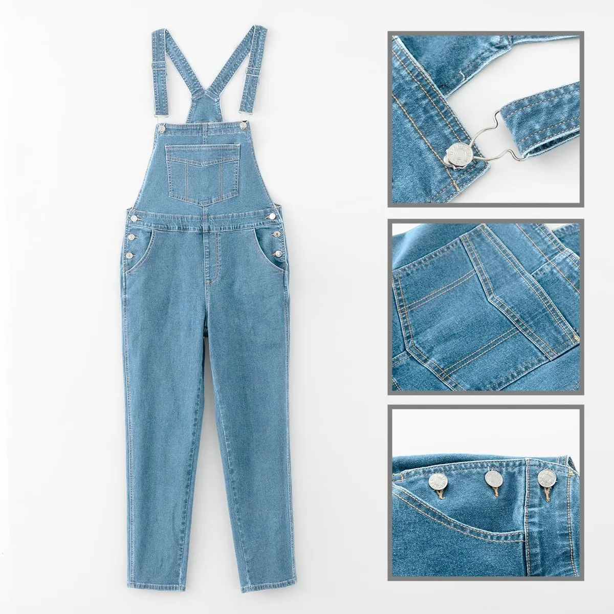 MONTVOO Women's Overalls Jeans Loose Fit Bib Denim Jumpsuit Casual Buckles Adjustable Straps Blue Classic Overall